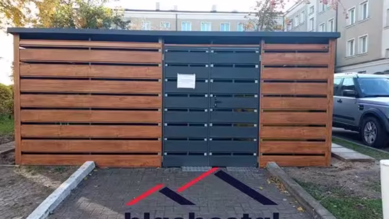 Wiata śmietnikowa 4×5 m w kolorze złoty dąb, stalowa konstrukcja ocynkowana, dach spadowy.